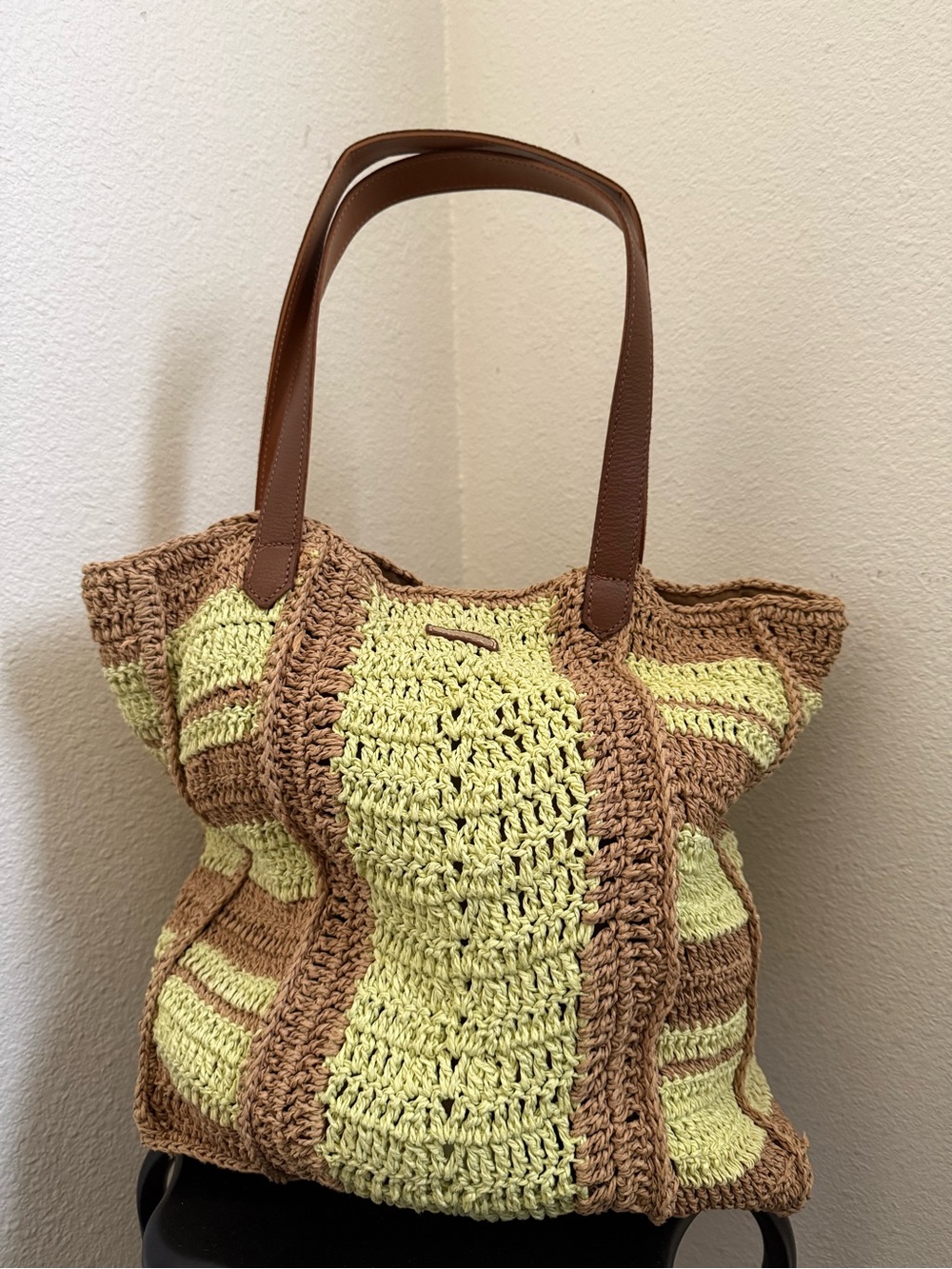 O'Neill Crochet Tote in Light Green and Brown with Leather Straps